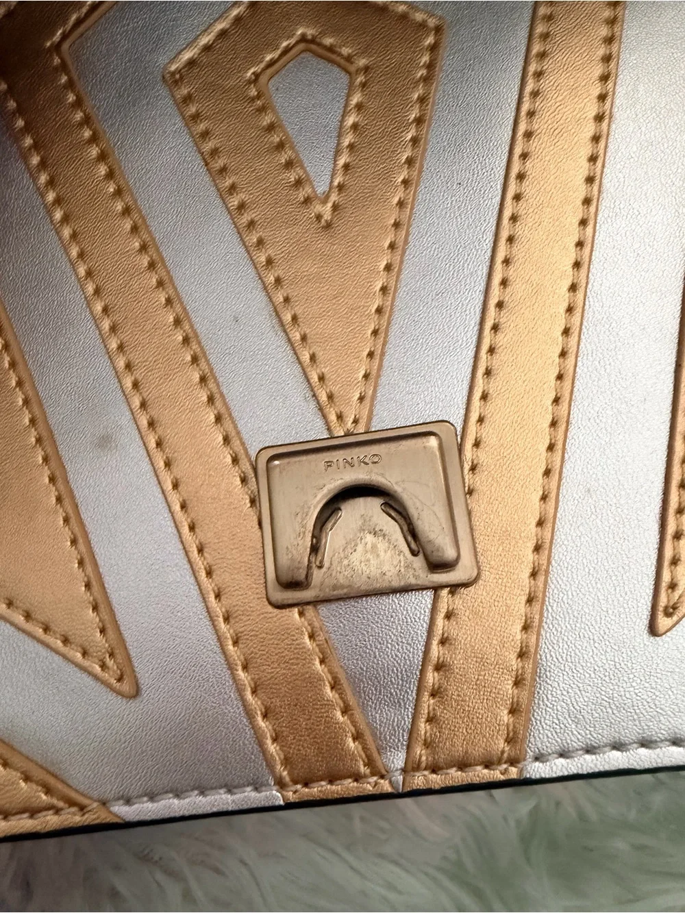 Authentic PINKO Love Birds Chevron Leather Crossbody Bag Black Gold